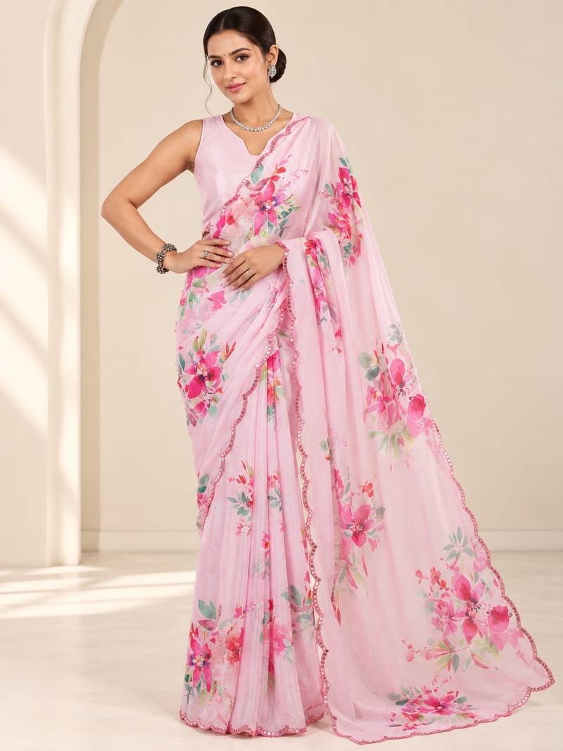 pink heavy silk blend printed saree with pape mirror work & mirror border