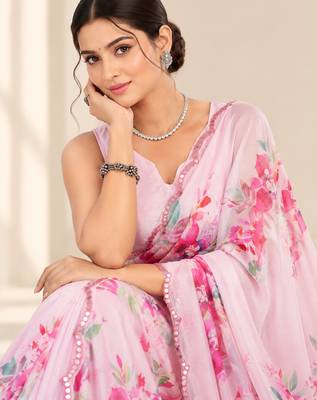 pink heavy silk blend printed saree with pape mirror work & mirror border 2