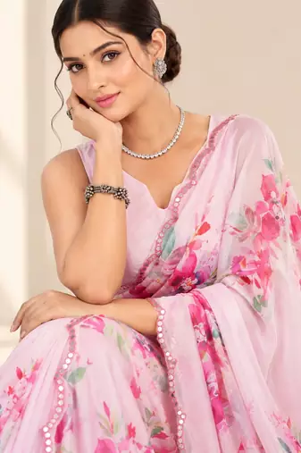 pink heavy silk blend printed saree with pape mirror work & mirror border