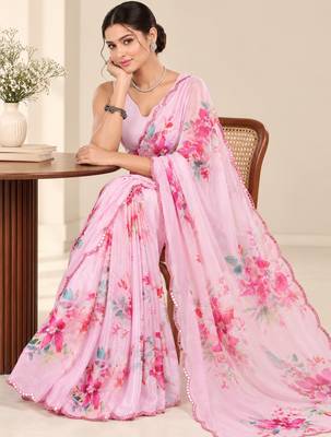 pink heavy silk blend printed saree with pape mirror work & mirror border 3