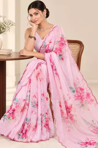pink heavy silk blend printed saree with pape mirror work & mirror border