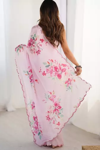 pink heavy silk blend printed saree with pape mirror work & mirror border