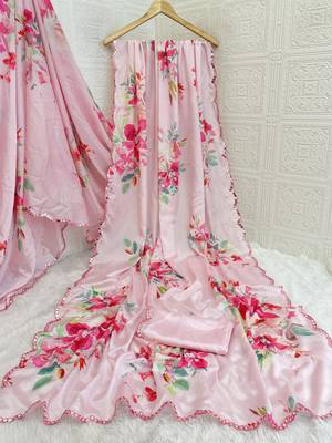 pink heavy silk blend printed saree with pape mirror work & mirror border 5