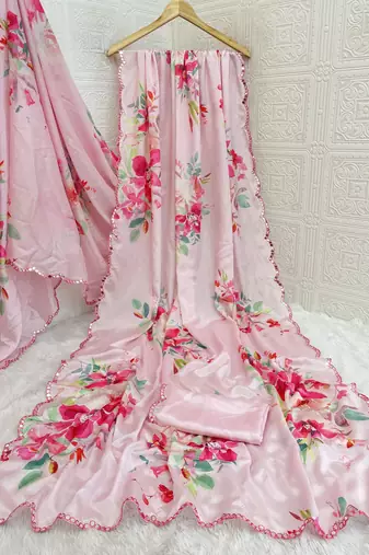 pink heavy silk blend printed saree with pape mirror work & mirror border