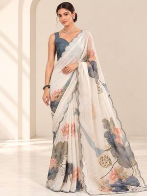 off white heavy silk blend printed saree with pape mirror work & mirror border 1