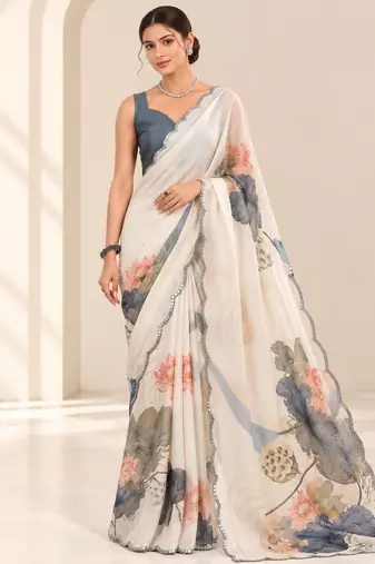 off white heavy silk blend printed saree with pape mirror work & mirror border