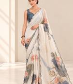 off white heavy silk blend printed saree with pape mirror work & mirror border