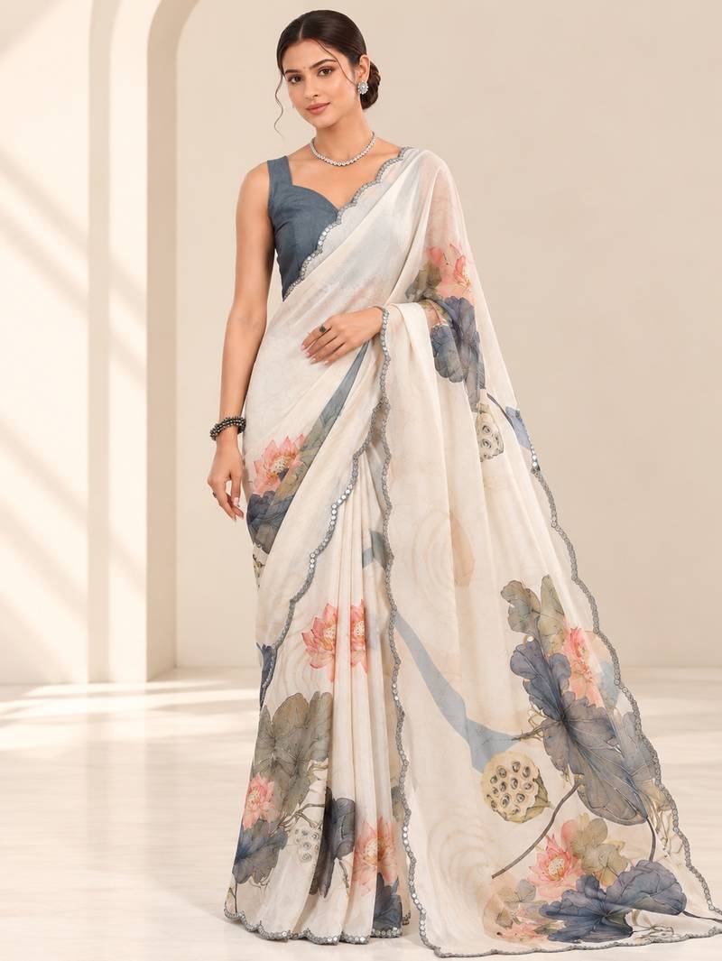 off white heavy silk blend printed saree with pape mirror work & mirror border