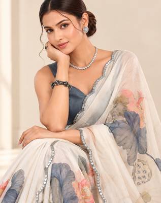 off white heavy silk blend printed saree with pape mirror work & mirror border 2