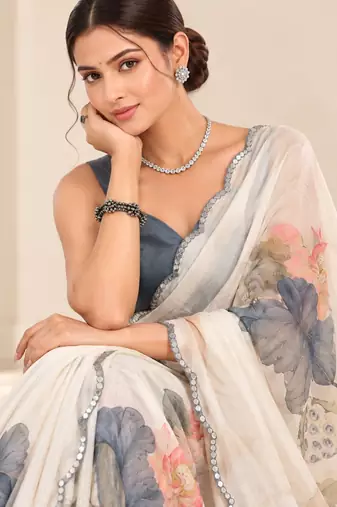 off white heavy silk blend printed saree with pape mirror work & mirror border