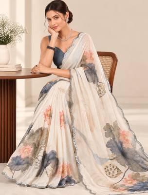 off white heavy silk blend printed saree with pape mirror work & mirror border 3