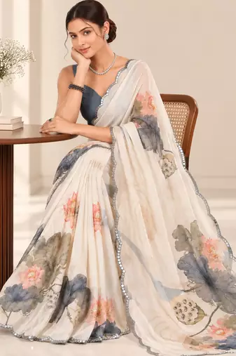 off white heavy silk blend printed saree with pape mirror work & mirror border