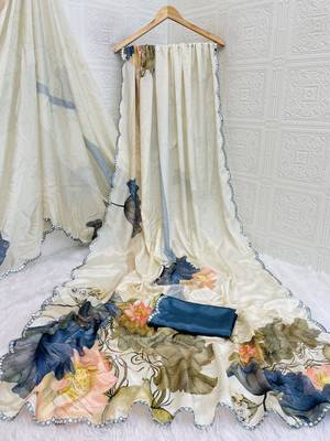 off white heavy silk blend printed saree with pape mirror work & mirror border 5