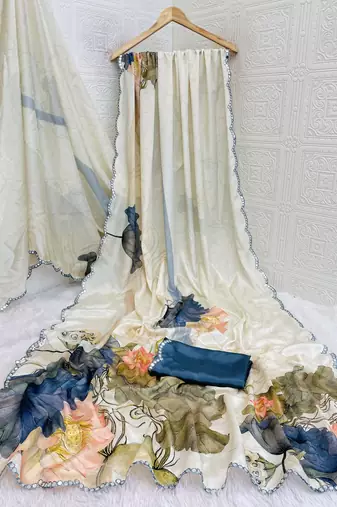 off white heavy silk blend printed saree with pape mirror work & mirror border