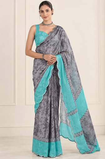 grey heavy silk blend printed saree with pape mirror work & mirror border