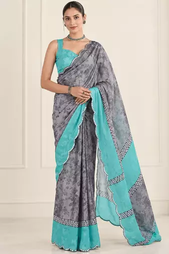 grey heavy silk blend printed saree with pape mirror work & mirror border