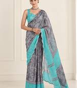 grey heavy silk blend printed saree with pape mirror work & mirror border