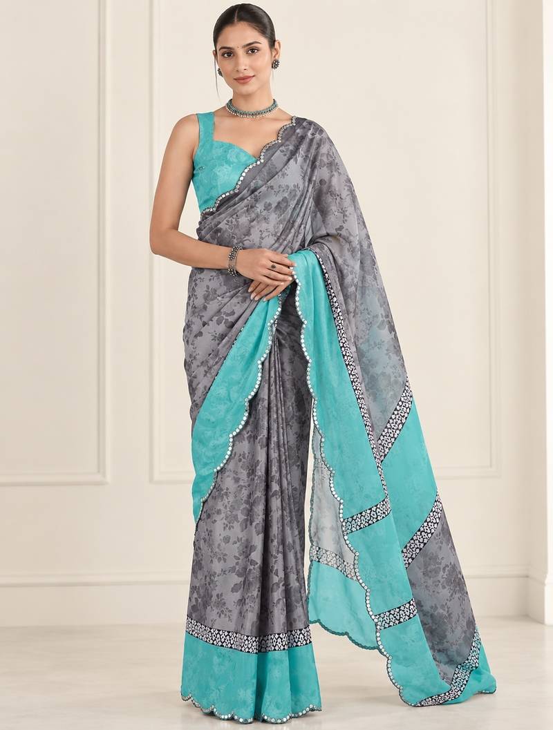 grey heavy silk blend printed saree with pape mirror work & mirror border