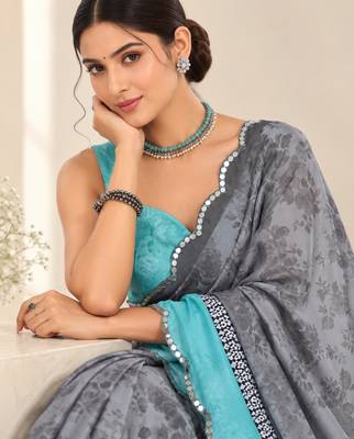 grey heavy silk blend printed saree with pape mirror work & mirror border 2