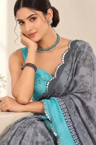 grey heavy silk blend printed saree with pape mirror work & mirror border