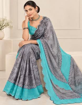 grey heavy silk blend printed saree with pape mirror work & mirror border 3