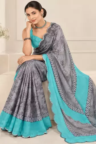 grey heavy silk blend printed saree with pape mirror work & mirror border