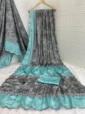 grey heavy silk blend printed saree with pape mirror work & mirror border 5