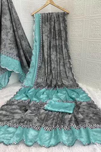 grey heavy silk blend printed saree with pape mirror work & mirror border
