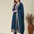 Women teal embroidered v-neck a-line kurta pant set with contrast teal dupatta