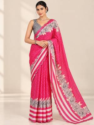 pinkheavy silk blend printed saree with pape mirror work & mirror border 1