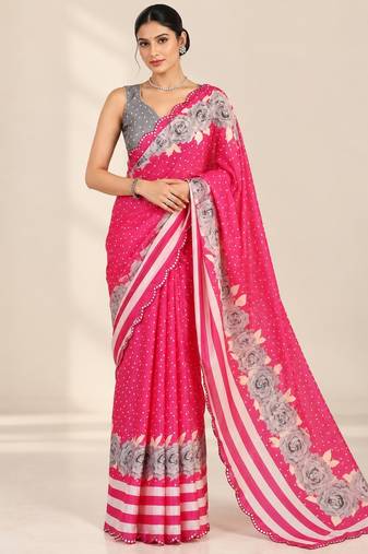pinkheavy silk blend printed saree with pape mirror work & mirror border