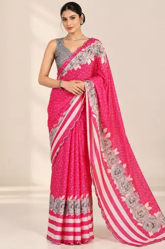 pinkheavy silk blend printed saree with pape mirror work & mirror border