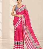 pinkheavy silk blend printed saree with pape mirror work & mirror border