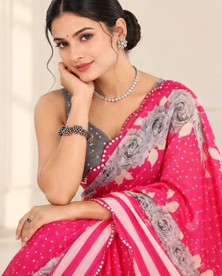 pinkheavy silk blend printed saree with pape mirror work & mirror border 2