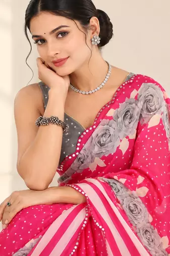 pinkheavy silk blend printed saree with pape mirror work & mirror border