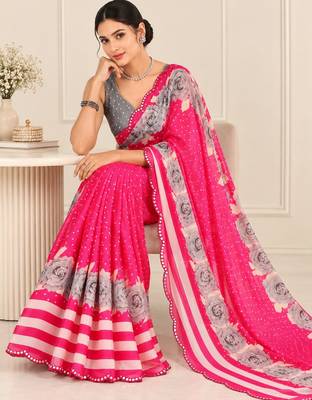 pinkheavy silk blend printed saree with pape mirror work & mirror border 3