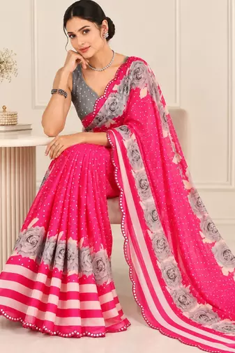pinkheavy silk blend printed saree with pape mirror work & mirror border
