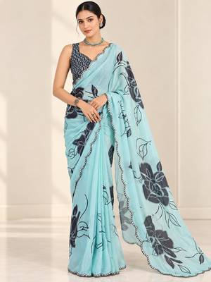turquoise heavy silk blend printed saree with pape mirror work & mirror border 1