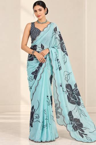 turquoise heavy silk blend printed saree with pape mirror work & mirror border
