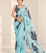turquoise heavy silk blend printed saree with pape mirror work & mirror border