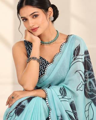 turquoise heavy silk blend printed saree with pape mirror work & mirror border 2