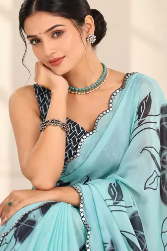 turquoise heavy silk blend printed saree with pape mirror work & mirror border