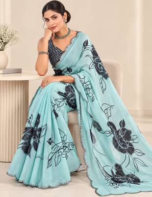 turquoise heavy silk blend printed saree with pape mirror work & mirror border 3