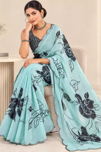 turquoise heavy silk blend printed saree with pape mirror work & mirror border