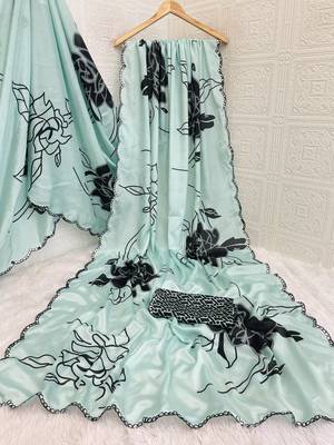 turquoise heavy silk blend printed saree with pape mirror work & mirror border 5