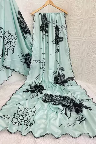 turquoise heavy silk blend printed saree with pape mirror work & mirror border