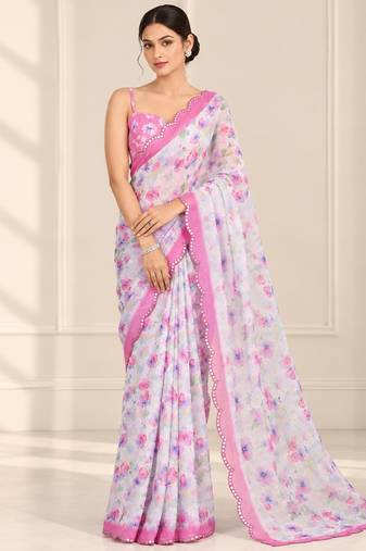 white heavy silk blend printed saree with pape mirror work & mirror border