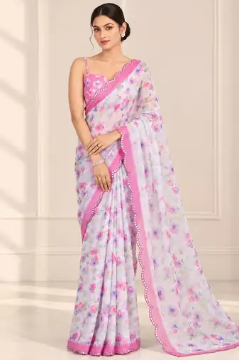 white heavy silk blend printed saree with pape mirror work & mirror border