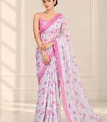 white heavy silk blend printed saree with pape mirror work & mirror border
