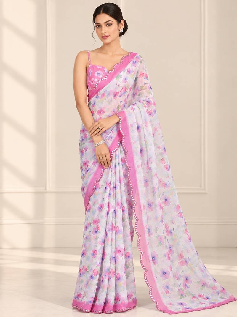 white heavy silk blend printed saree with pape mirror work & mirror border